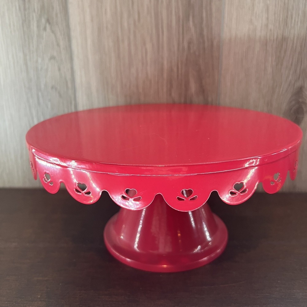 Pedestal Cake Pastry Stand Plate Metal Scalloped Red Hot Pink 9" x 4.5"